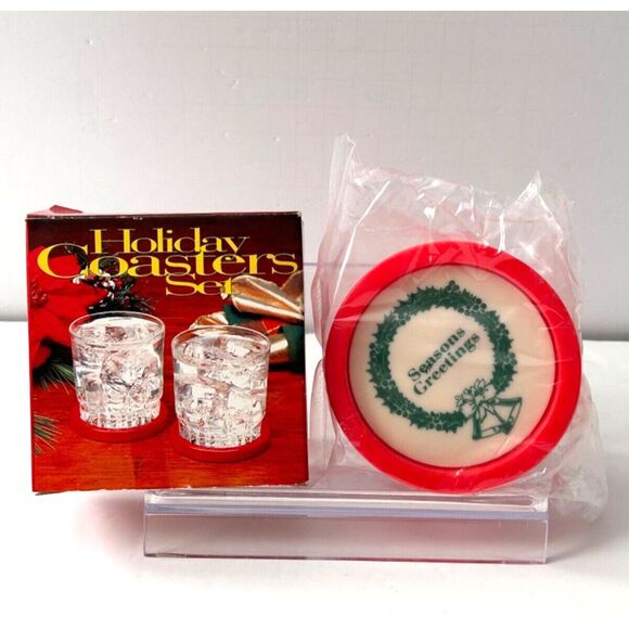 Vintage Christmas Plastic Holiday Coaster Set‎ of 4 Seasons Greetings Red - Picture 1 of 2